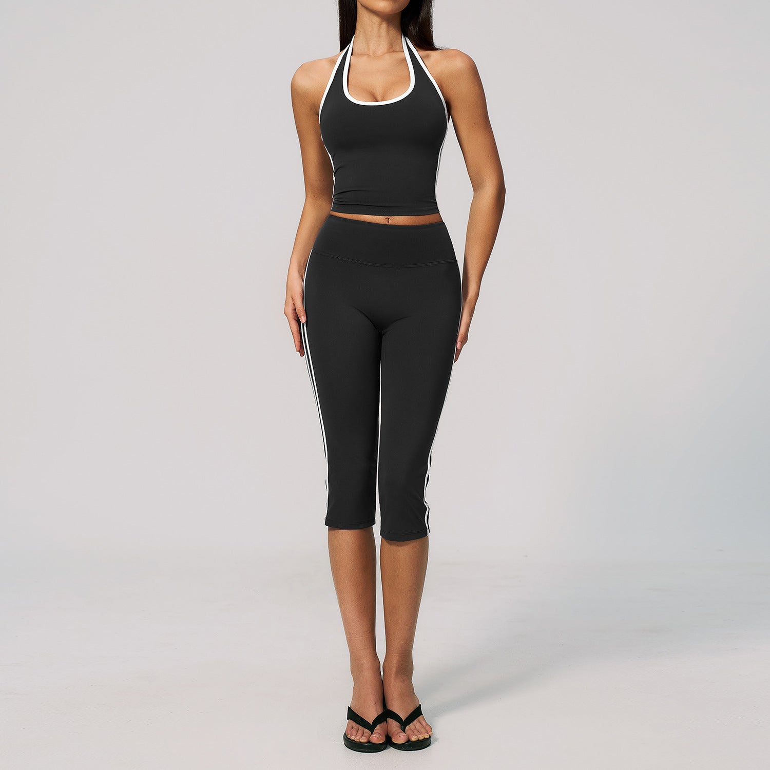 Women's Halter-Neck Open-Back Top with Built-in Pads & Quick-Dry Mid-Length Shorts Set