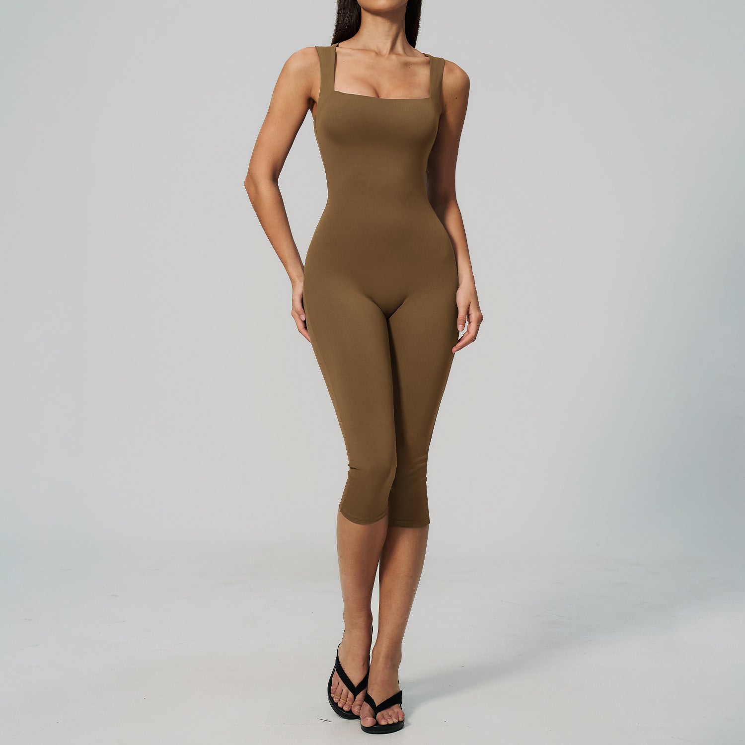 Square-neck form-fitting mid length yoga bodysuit