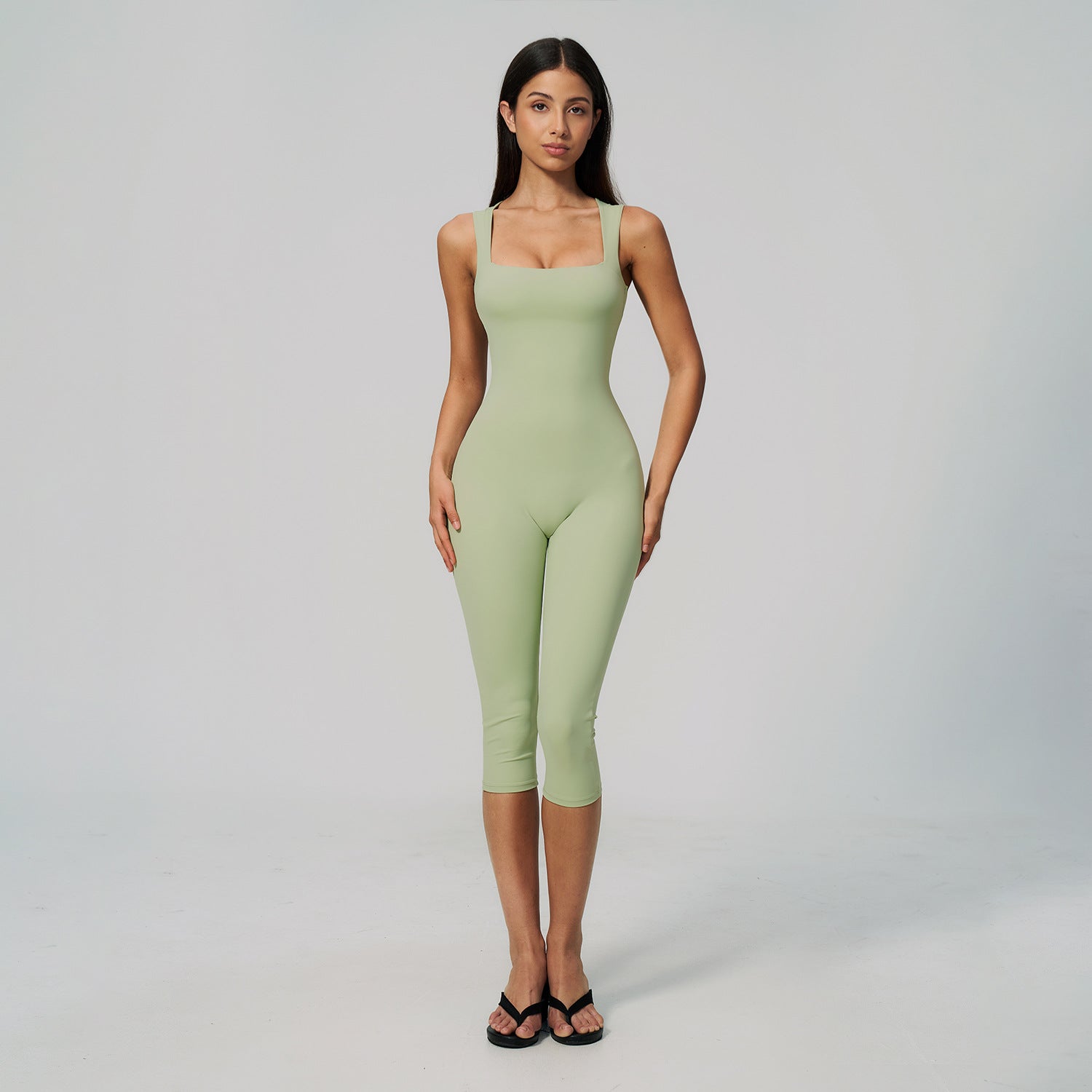 Square-neck form-fitting mid length yoga bodysuit