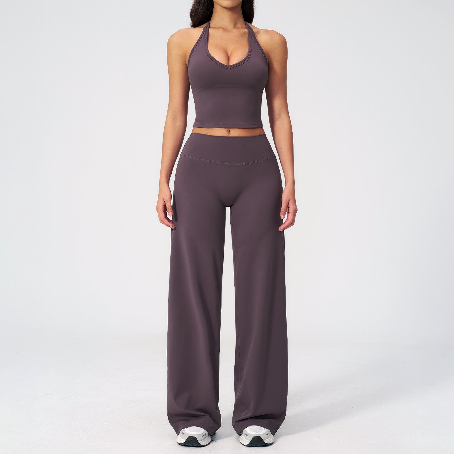 Women'e wholesale Halter-neck open-back workout set with wide-leg straight-cut bottoms