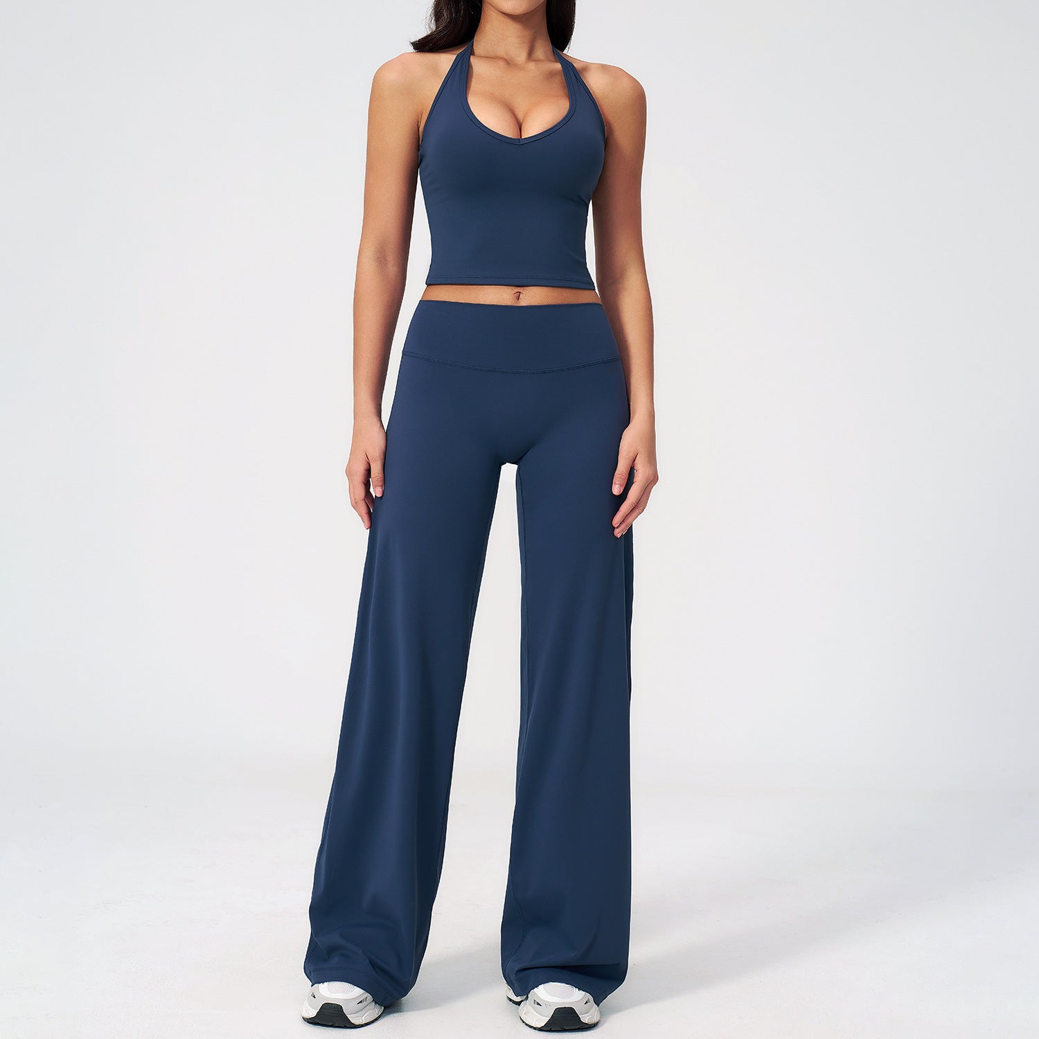 Women'e wholesale Halter-neck open-back workout set with wide-leg straight-cut bottoms
