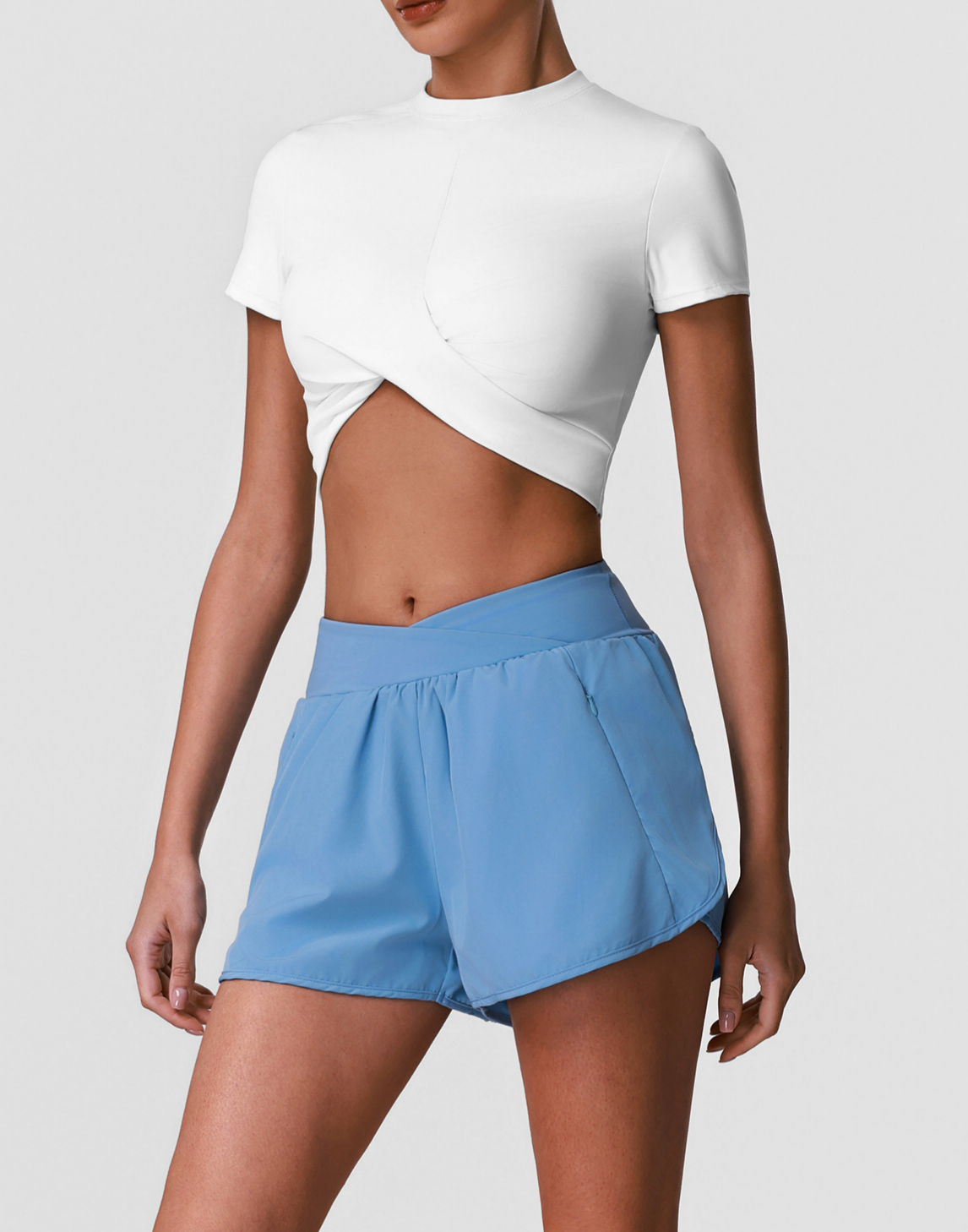 Breathable Casual Short-Sleeve Top with Pocket Shorts Fitness Set