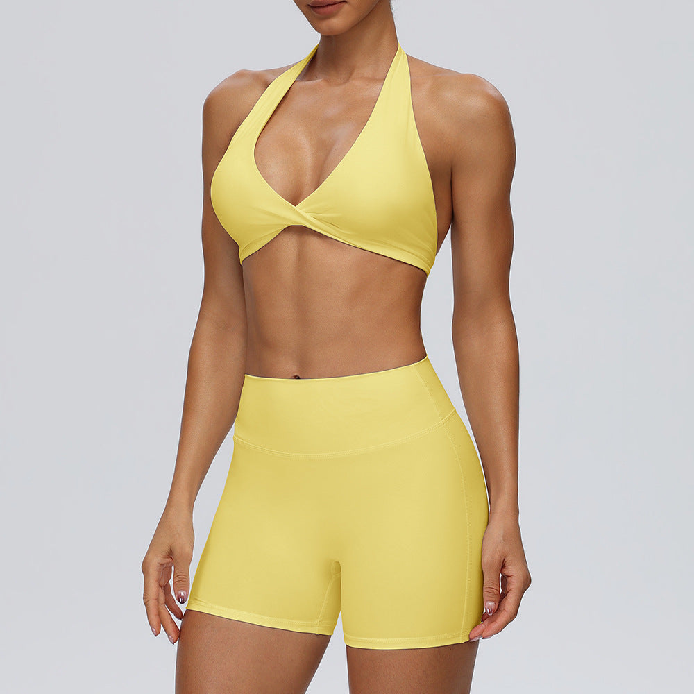 Women's Summer Sexy Halter Sports Bra with Invisible Butt-Lifting Fitness Shorts Set