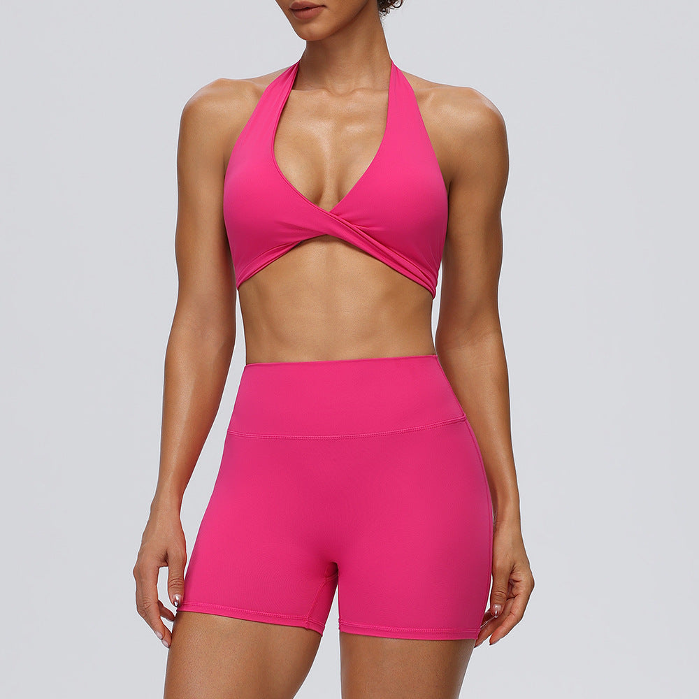 Women's Summer Sexy Halter Sports Bra with Invisible Butt-Lifting Fitness Shorts Set