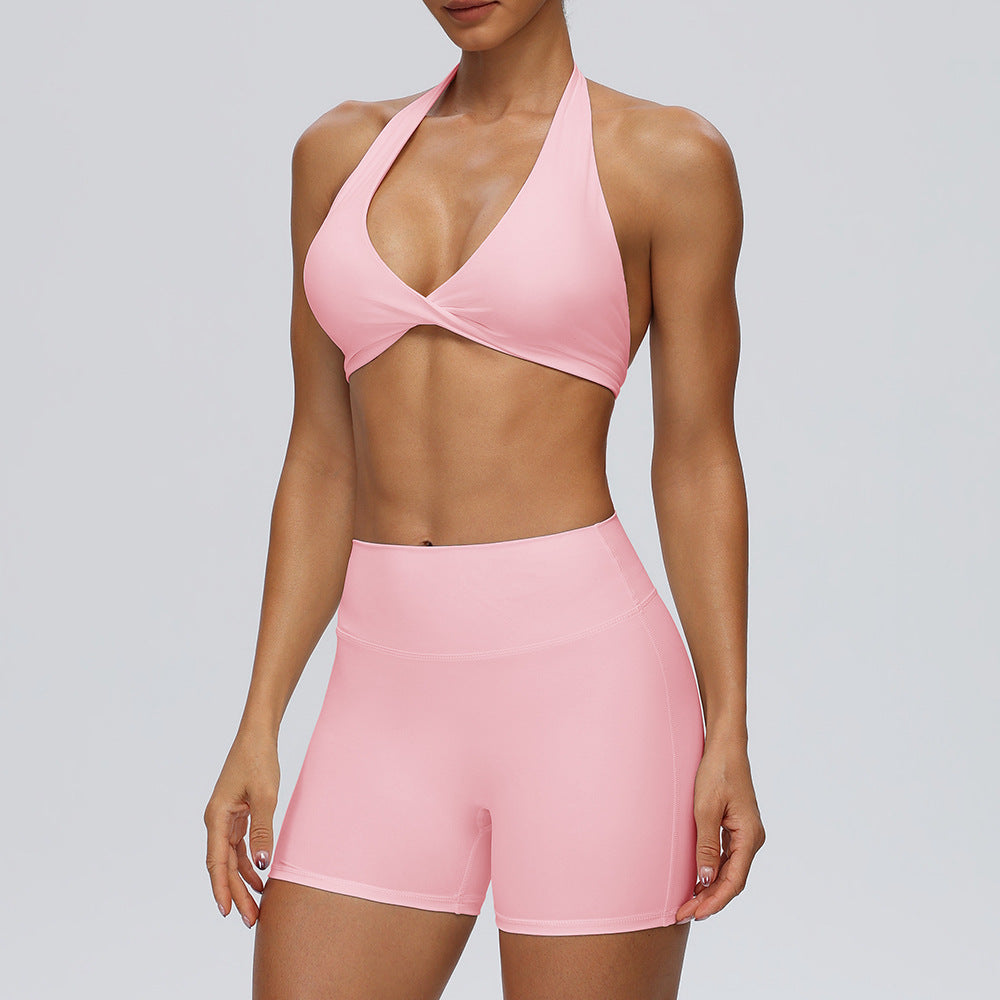 Women's Summer Sexy Halter Sports Bra with Invisible Butt-Lifting Fitness Shorts Set