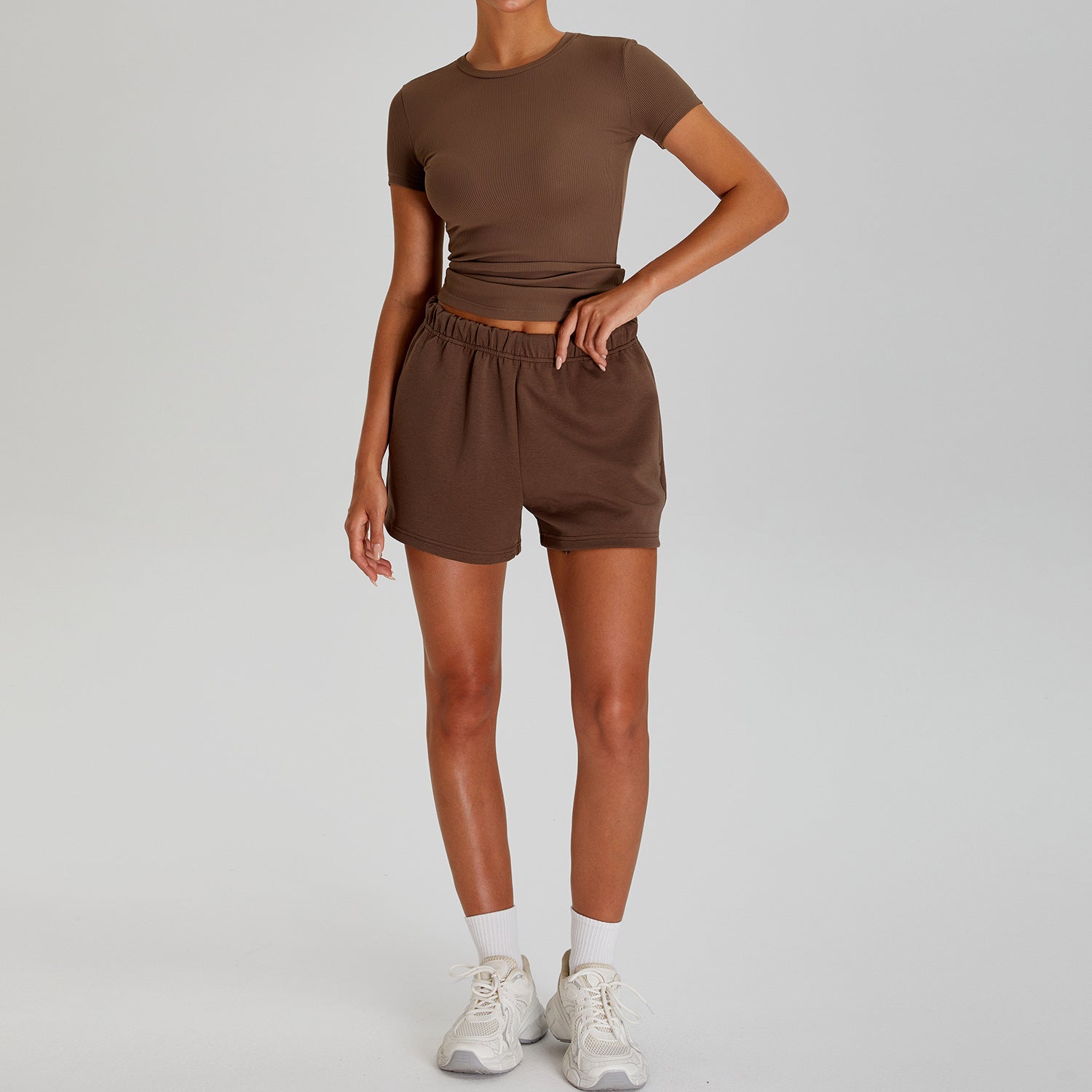Quick-drying round neck ribbed T-shirt fitness running suit