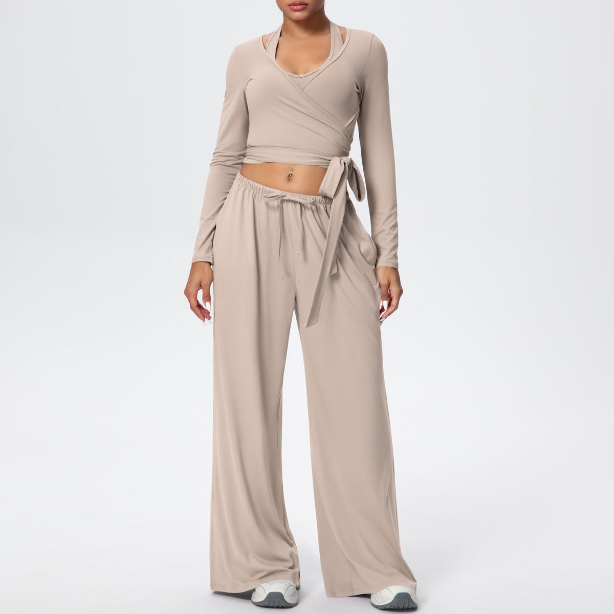 New solid color drawstring long-sleeved bras three-piece set