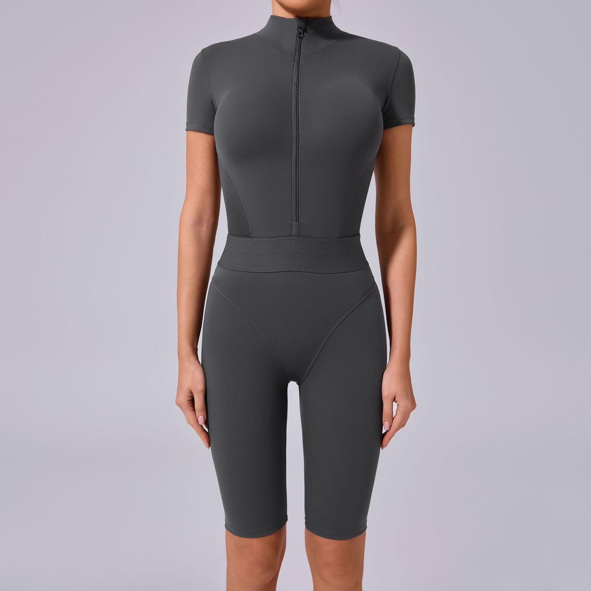 Women's Open collar zipper short sleeve yoga jumpsuit