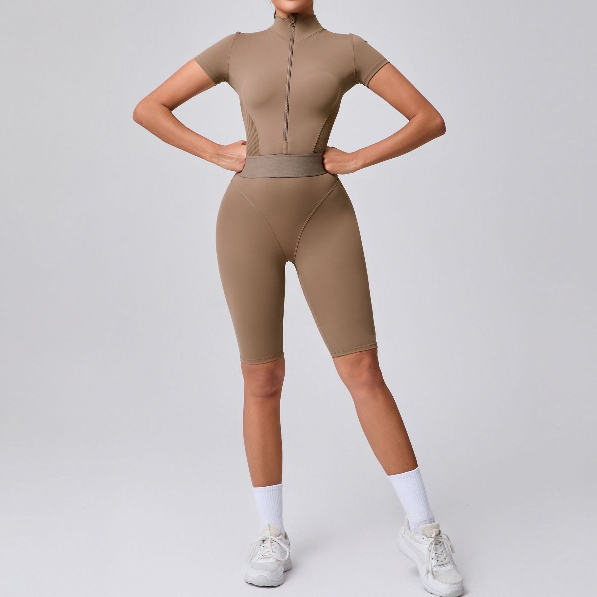 Women's Open collar zipper short sleeve yoga jumpsuit