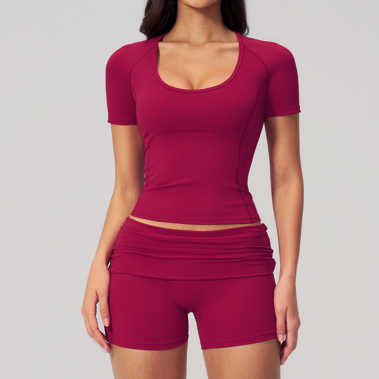 U-neck fitted short-sleeve yoga set with high-waisted quick-dry and stretchy shorts