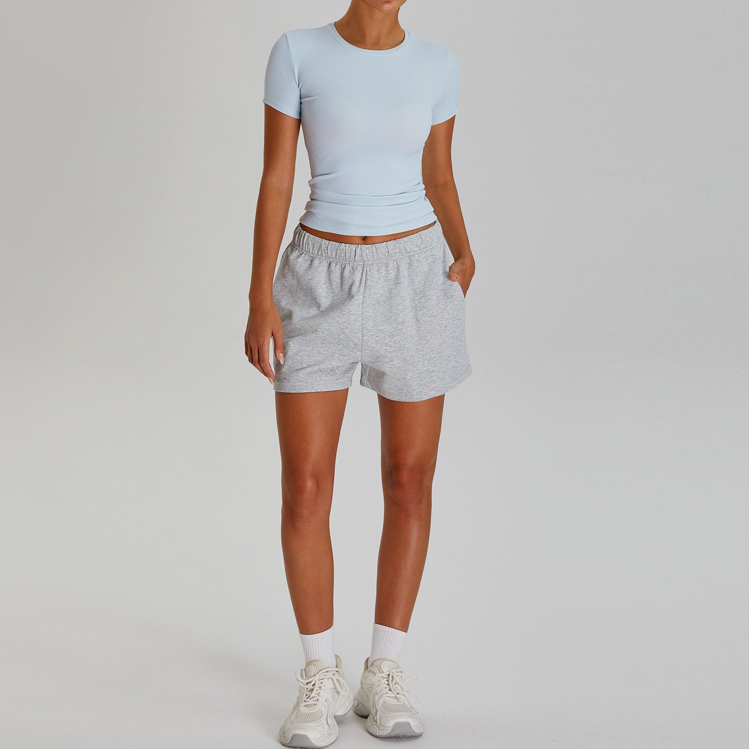 Quick-drying round neck ribbed T-shirt fitness running suit