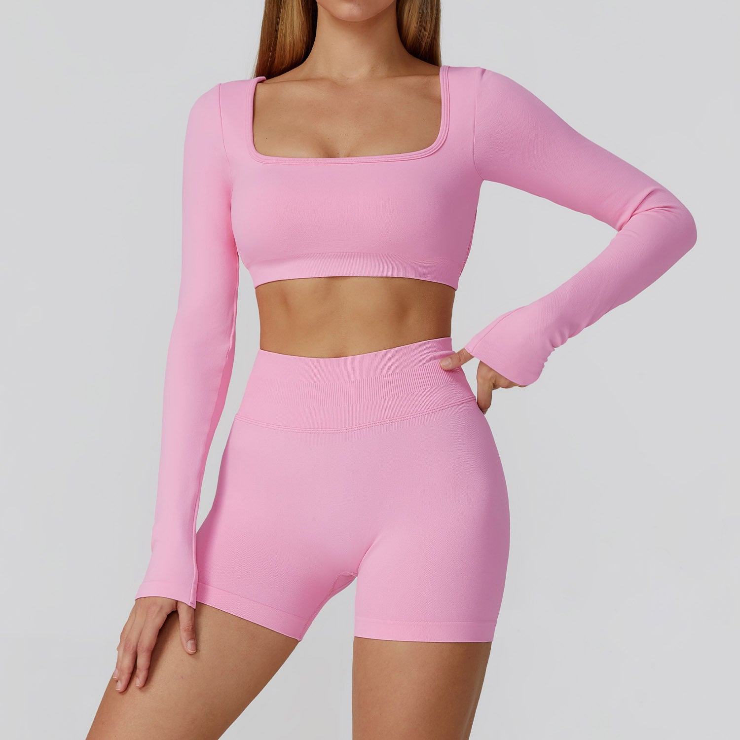 Women's seamless long sleeve shirts with shorts set