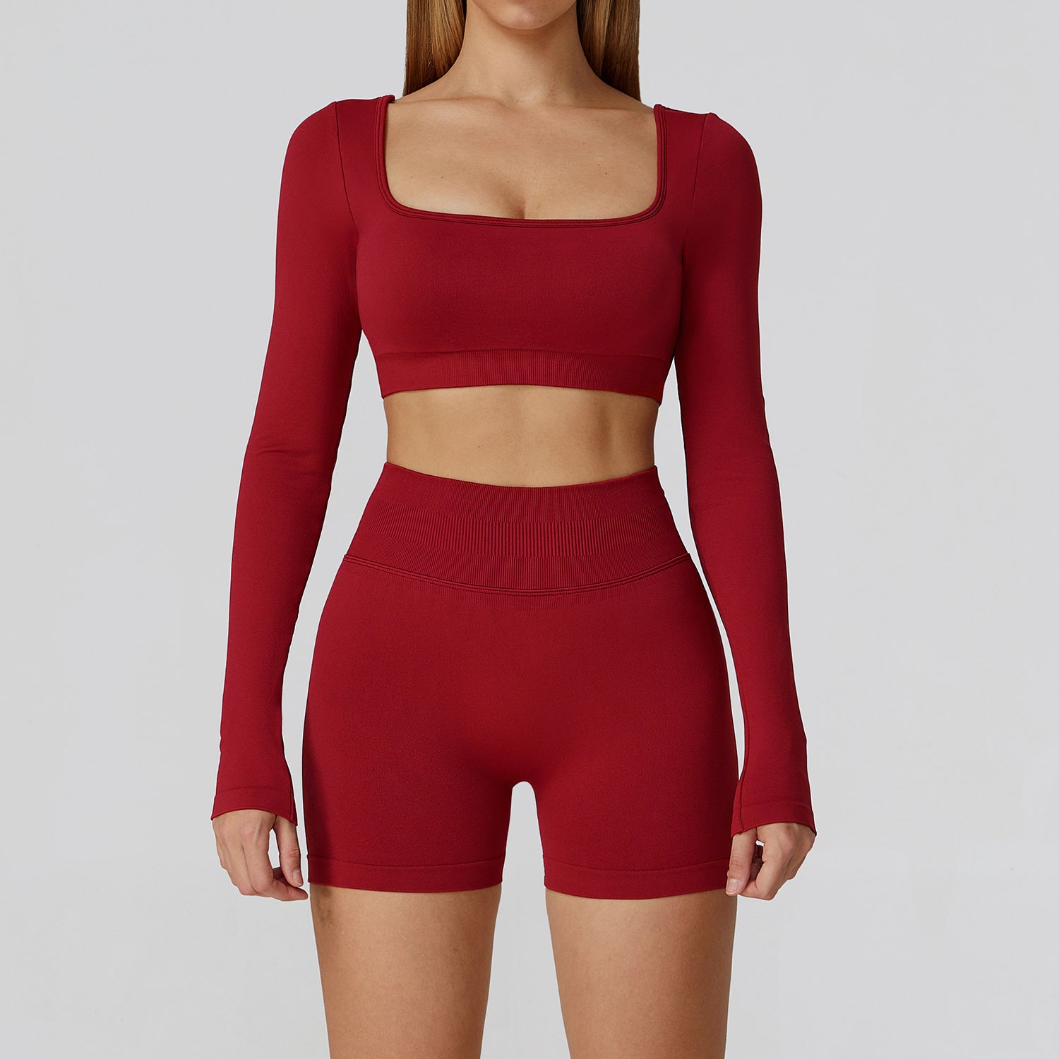 Women's seamless long sleeve shirts with shorts set