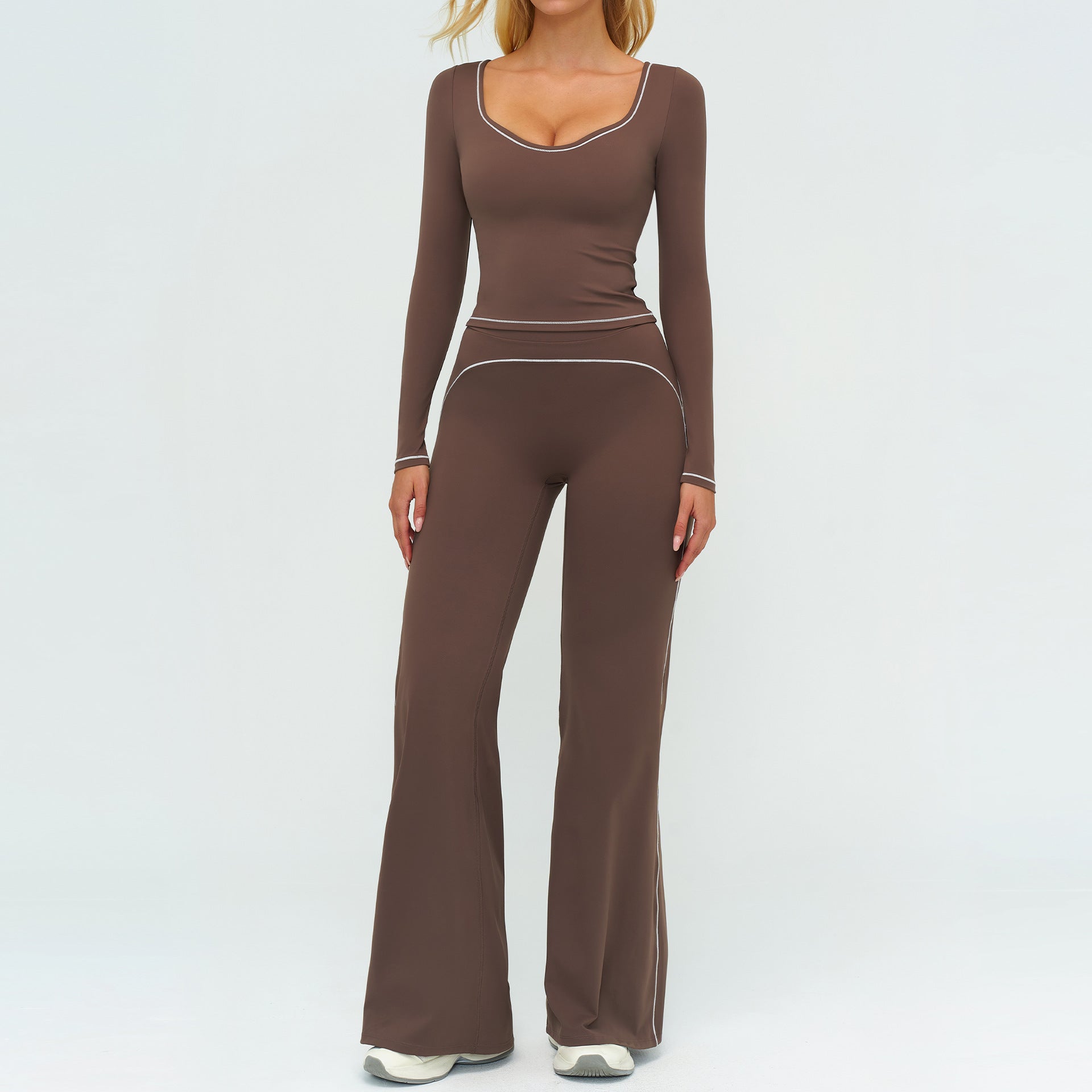 Women's Contrasting Color Brushed Yoga Long sleeve tops with pants Suit
