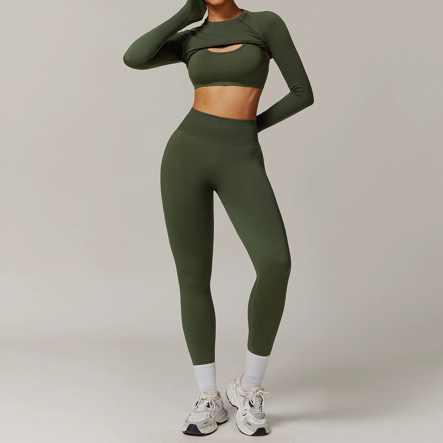 Women's seamless bra long sleeve long pants three-piece yoga suit