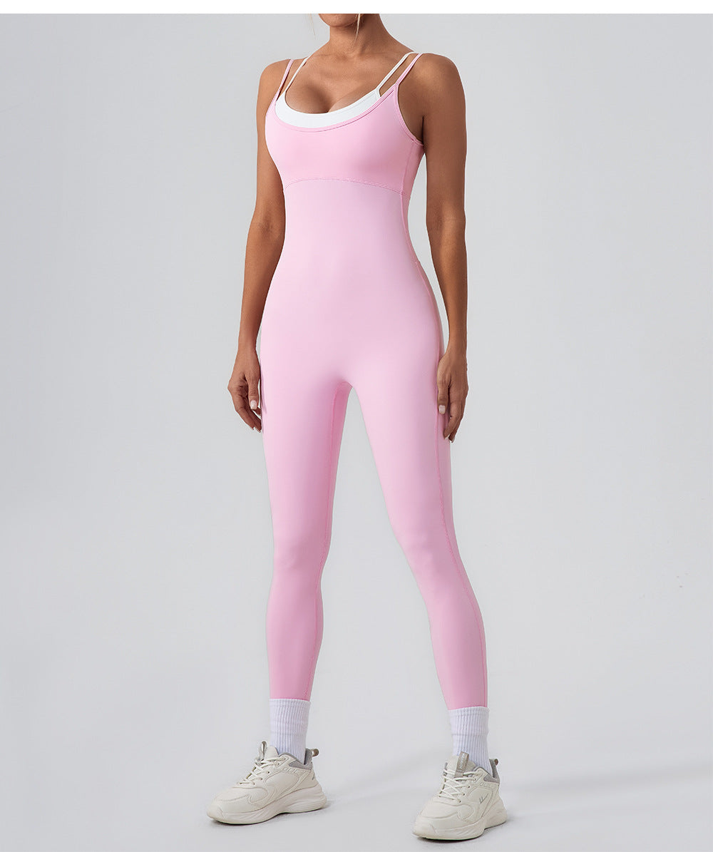 Women's Fake two-piece contrast color suspender sports jumpsuit