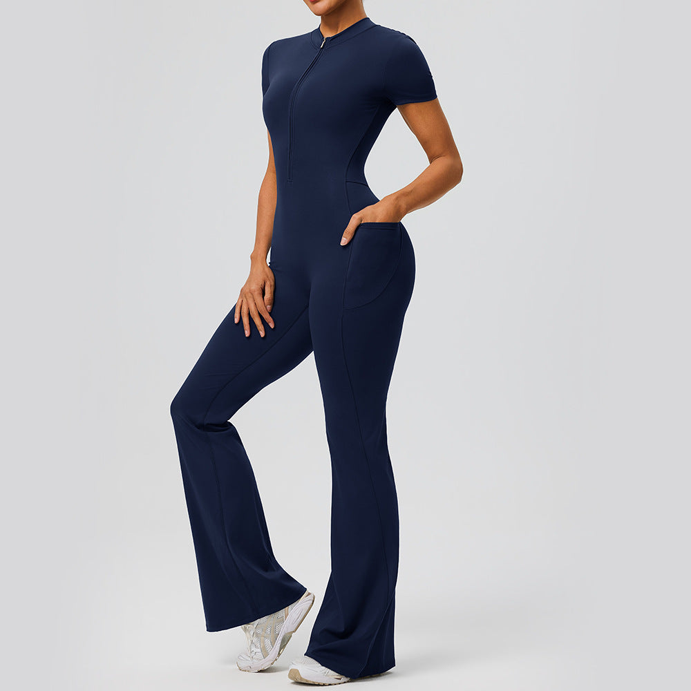 Short-Sleeve Butt-Lifting Athletic Jumpsuit with Pockets