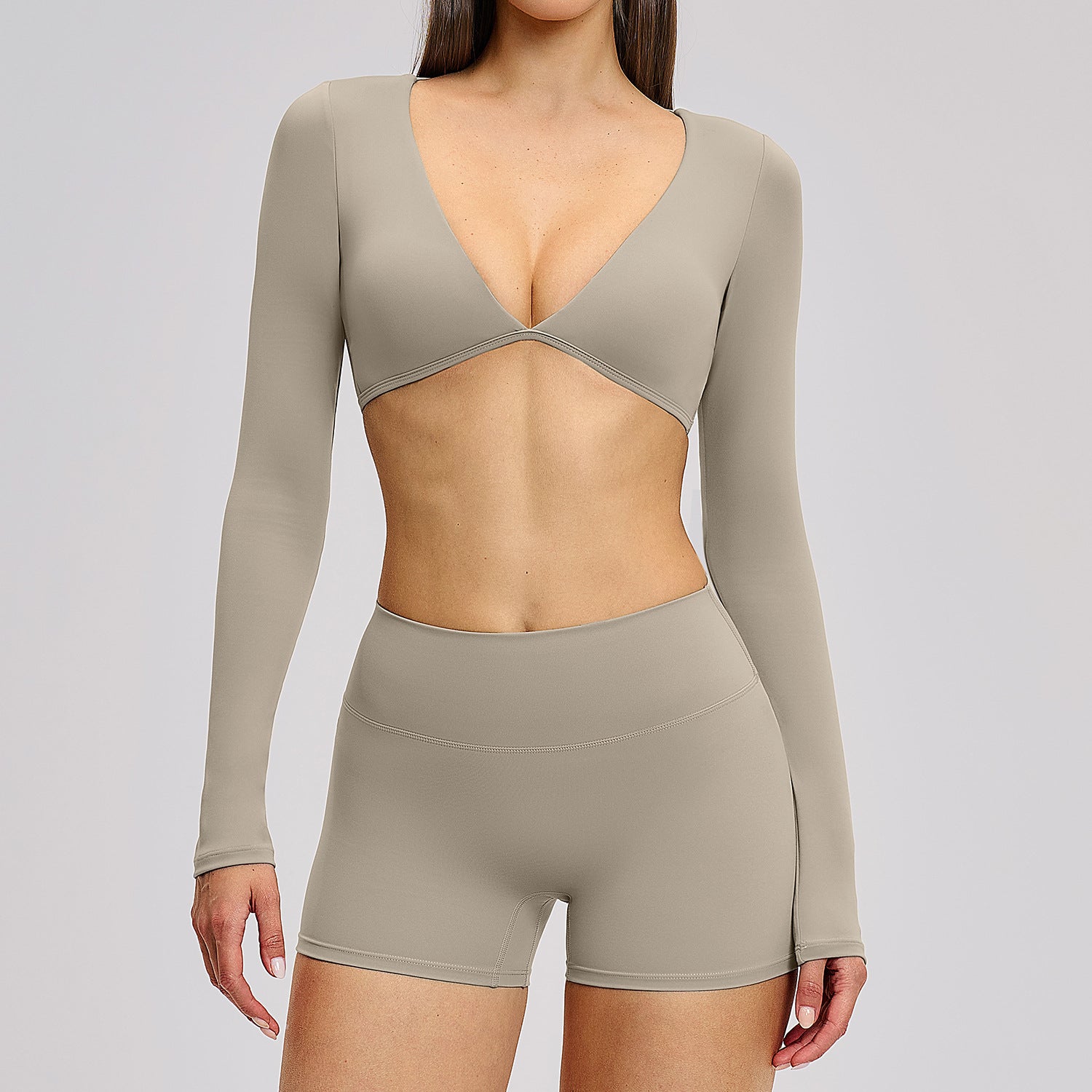 Beautiful sexy long sleeve tops with shorts 2 pieces yoga set