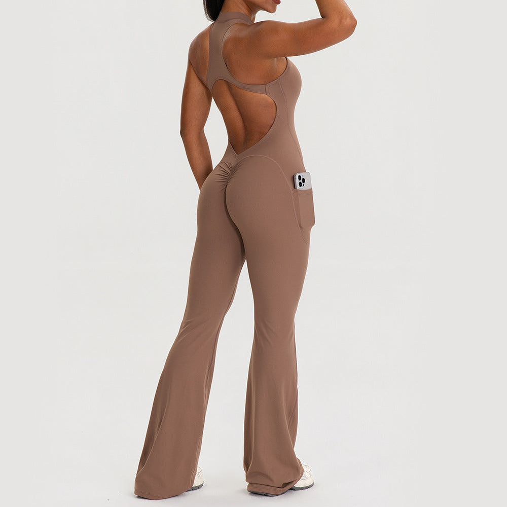 Sexy Open-Back Sleeveless Yoga Jumpsuit with Pockets