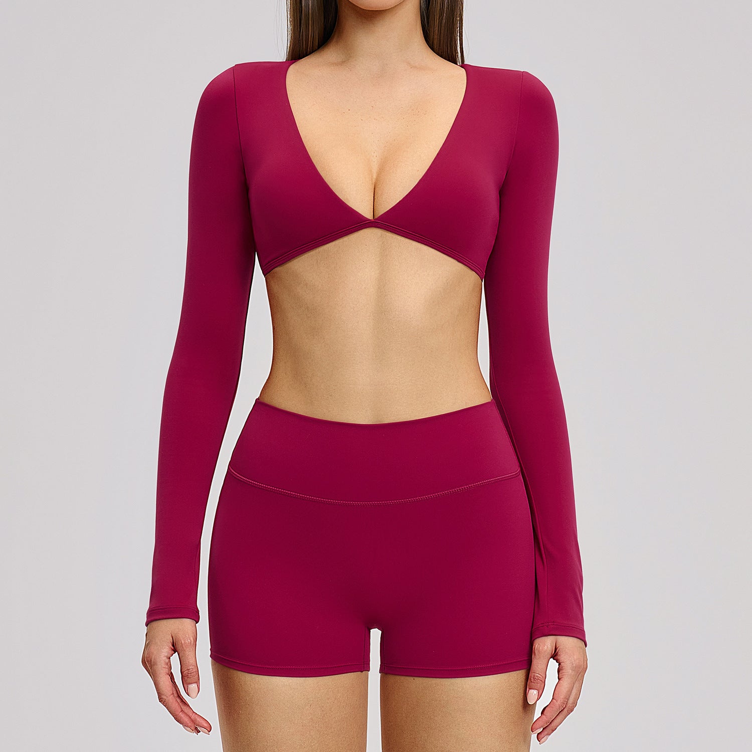 Beautiful sexy long sleeve tops with shorts 2 pieces yoga set