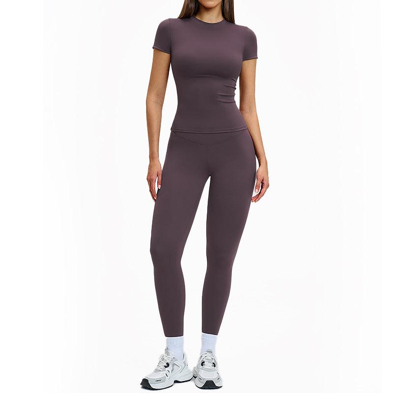 Women's Solid-Color Crew Neck Short Sleeve Top Two-Piece Set