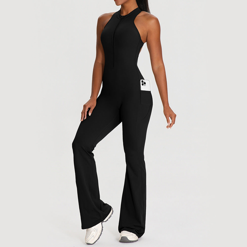 Sexy Open-Back Sleeveless Yoga Jumpsuit with Pockets