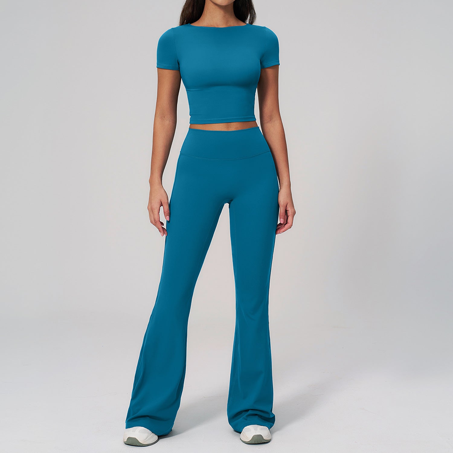 Quick-Drying Short-Sleeve Top with Butt-Lifting High-Waisted Wide-Leg Pants Fitness Set