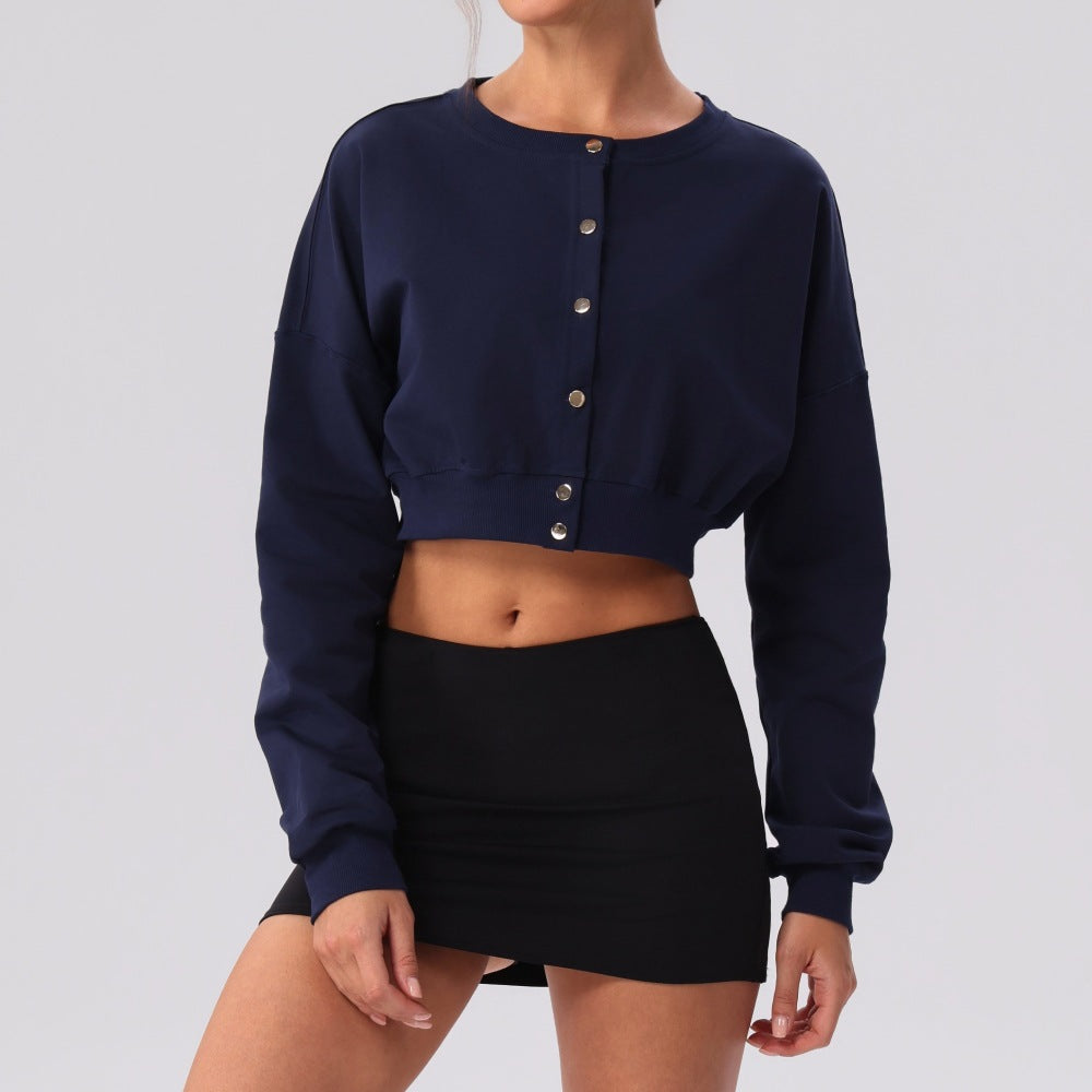 Cropped Button-Front Sweatshirt — Casual Fitness Cardigan