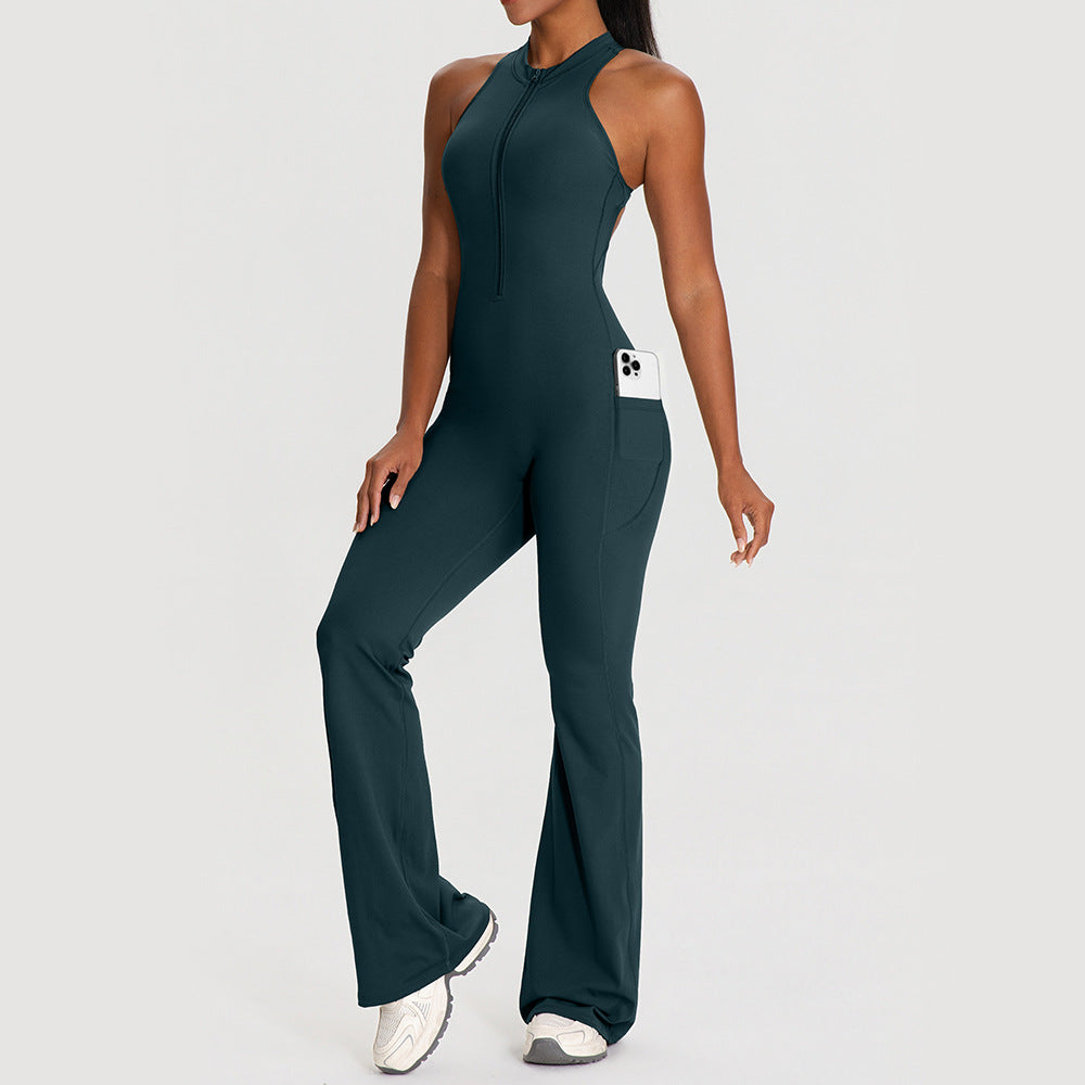 Sexy Open-Back Sleeveless Yoga Jumpsuit with Pockets