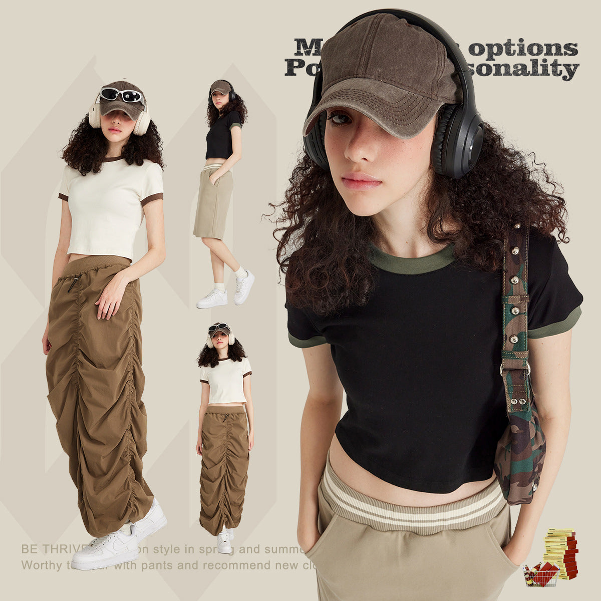 Women's Retro Contrast Color T-Shirt Pure Style Navel-Baring Short Sleeves