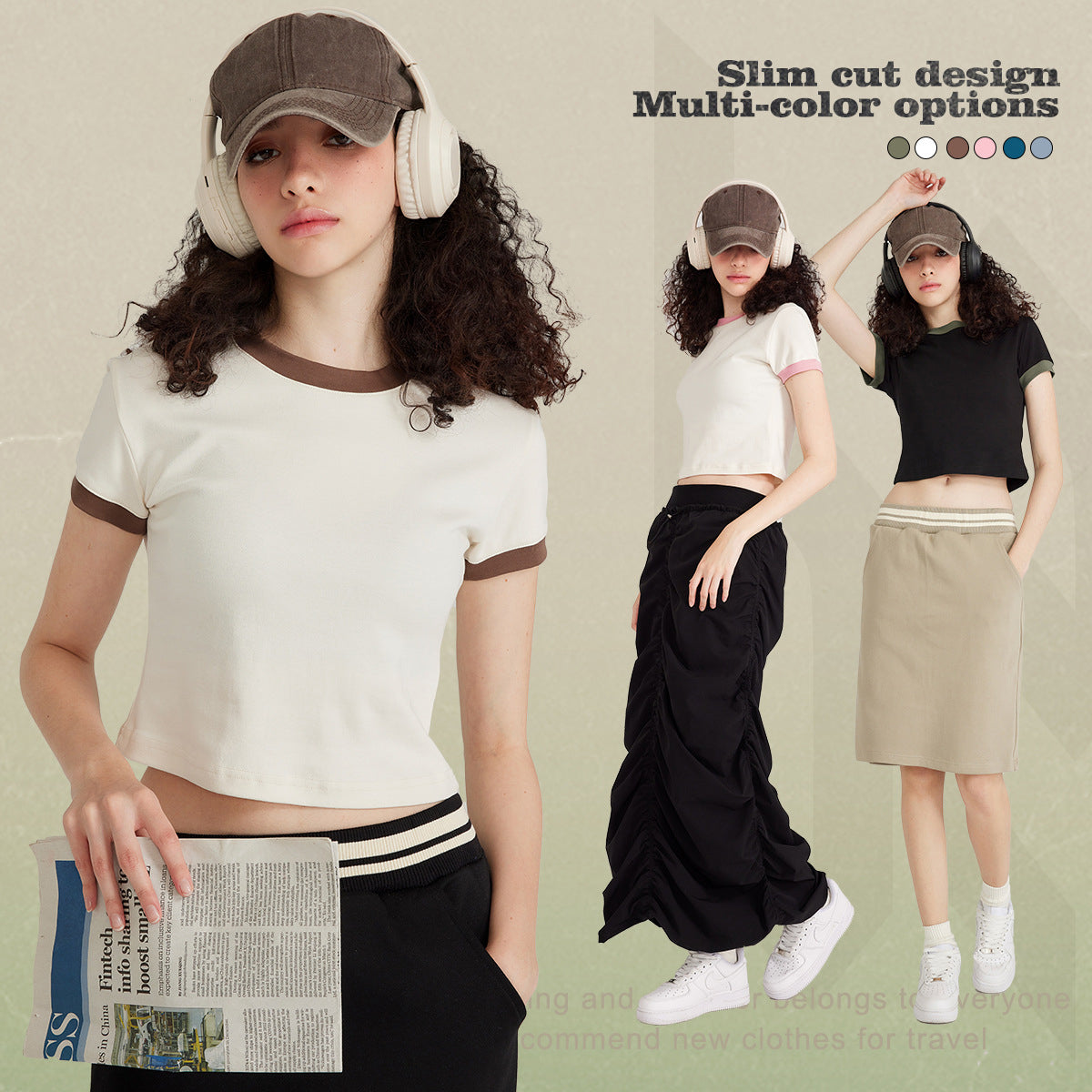 Women's Retro Contrast Color T-Shirt Pure Style Navel-Baring Short Sleeves