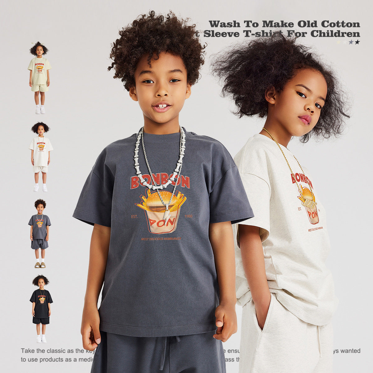 Children's T-Shirts Heavyweight Fun Potato Chips Printed Short-Sleeve Pure Cotton Tops