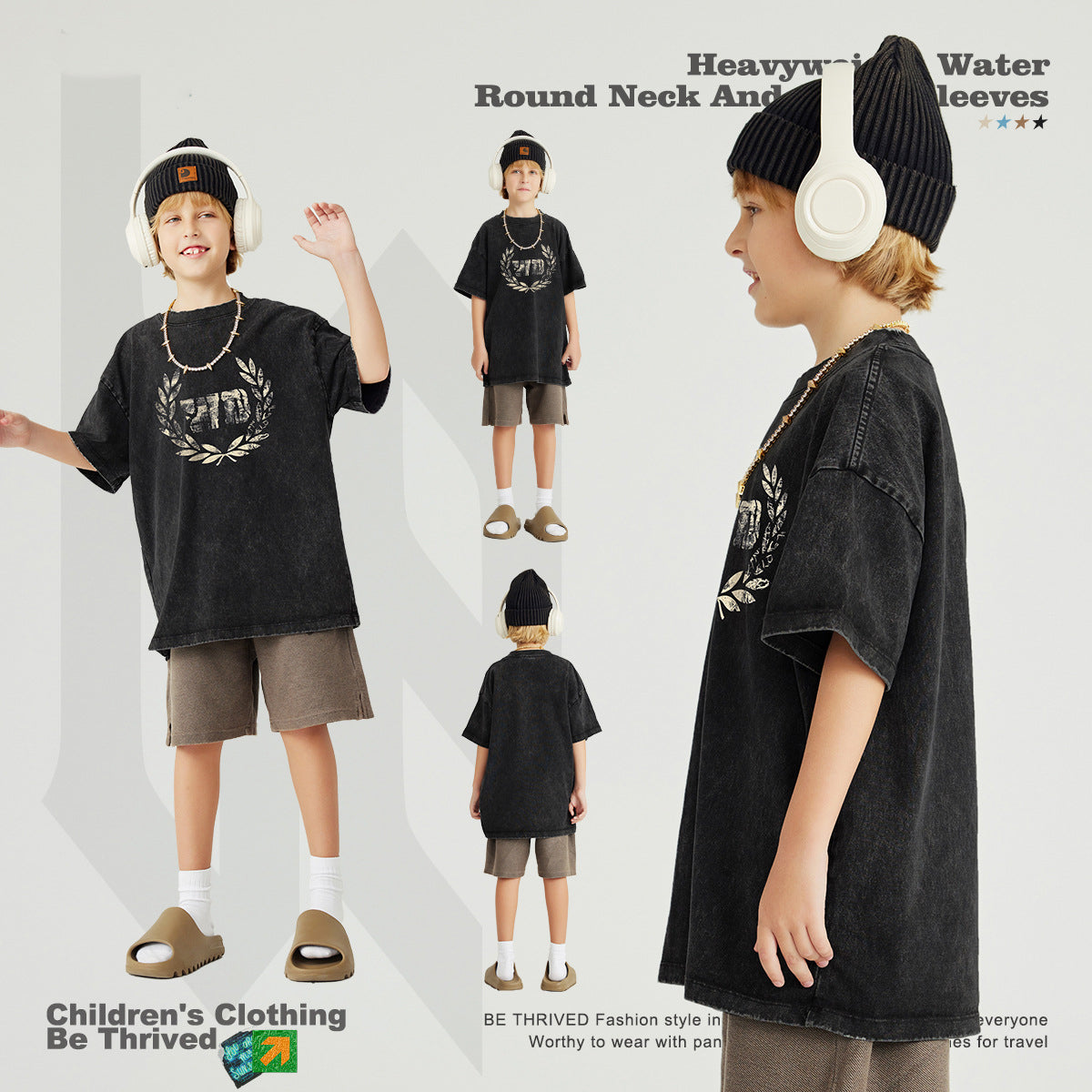 Children's Washed Distressed Short-Sleeved Retro Loose Pure Cotton T-Shirt