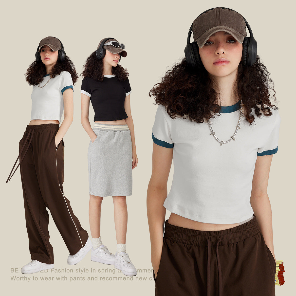 Women's Retro Contrast Color T-Shirt Pure Style Navel-Baring Short Sleeves