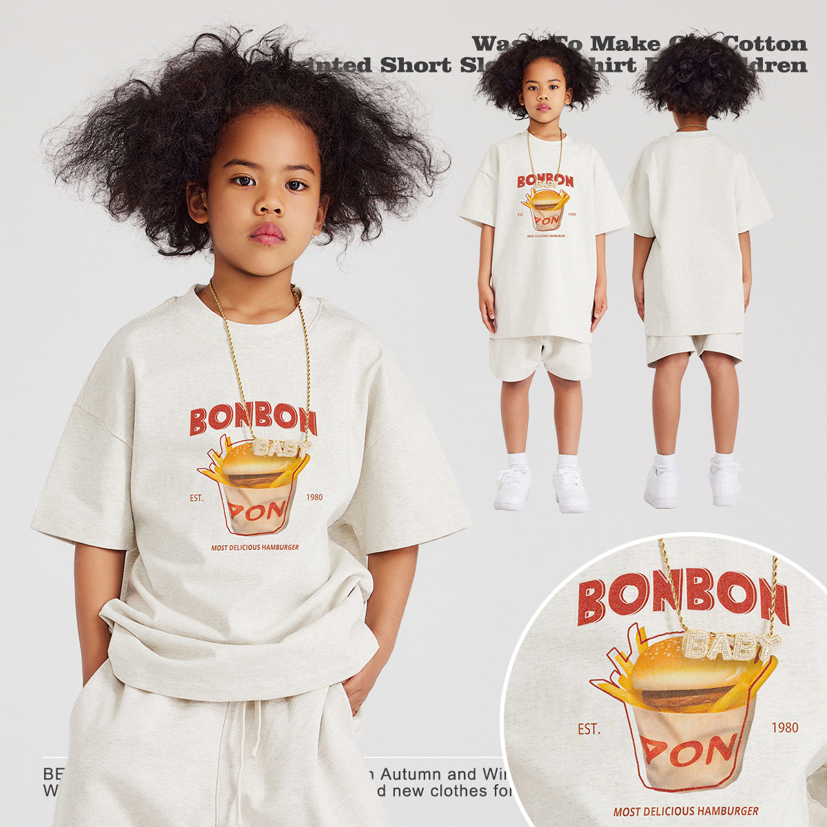 Children's T-Shirts Heavyweight Fun Potato Chips Printed Short-Sleeve Pure Cotton Tops