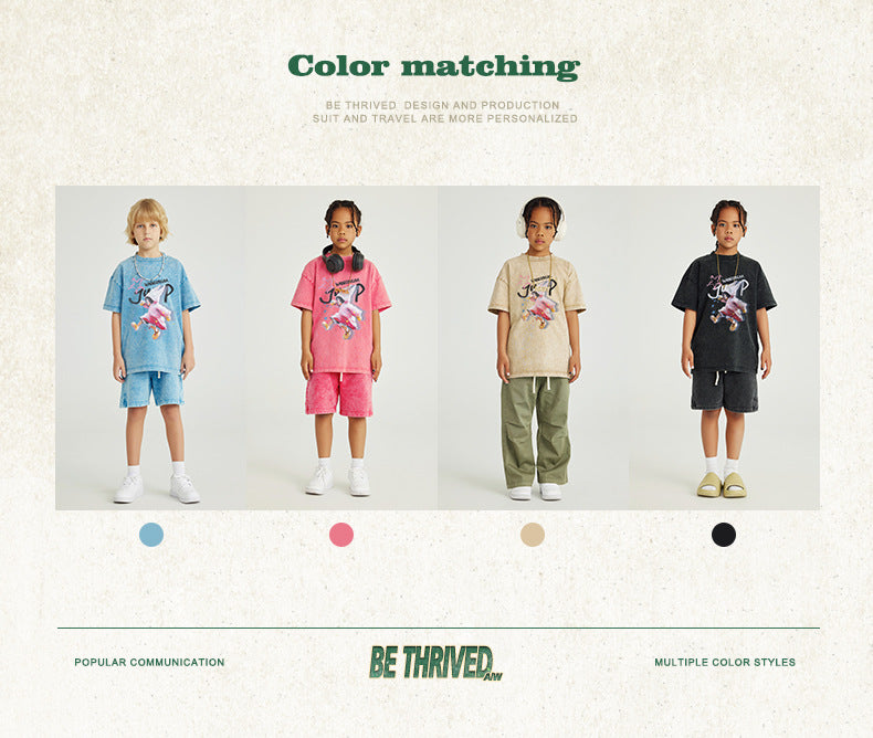 Children's Clothing Washed and Distressed Pure Cotton Short-Sleeved Loose