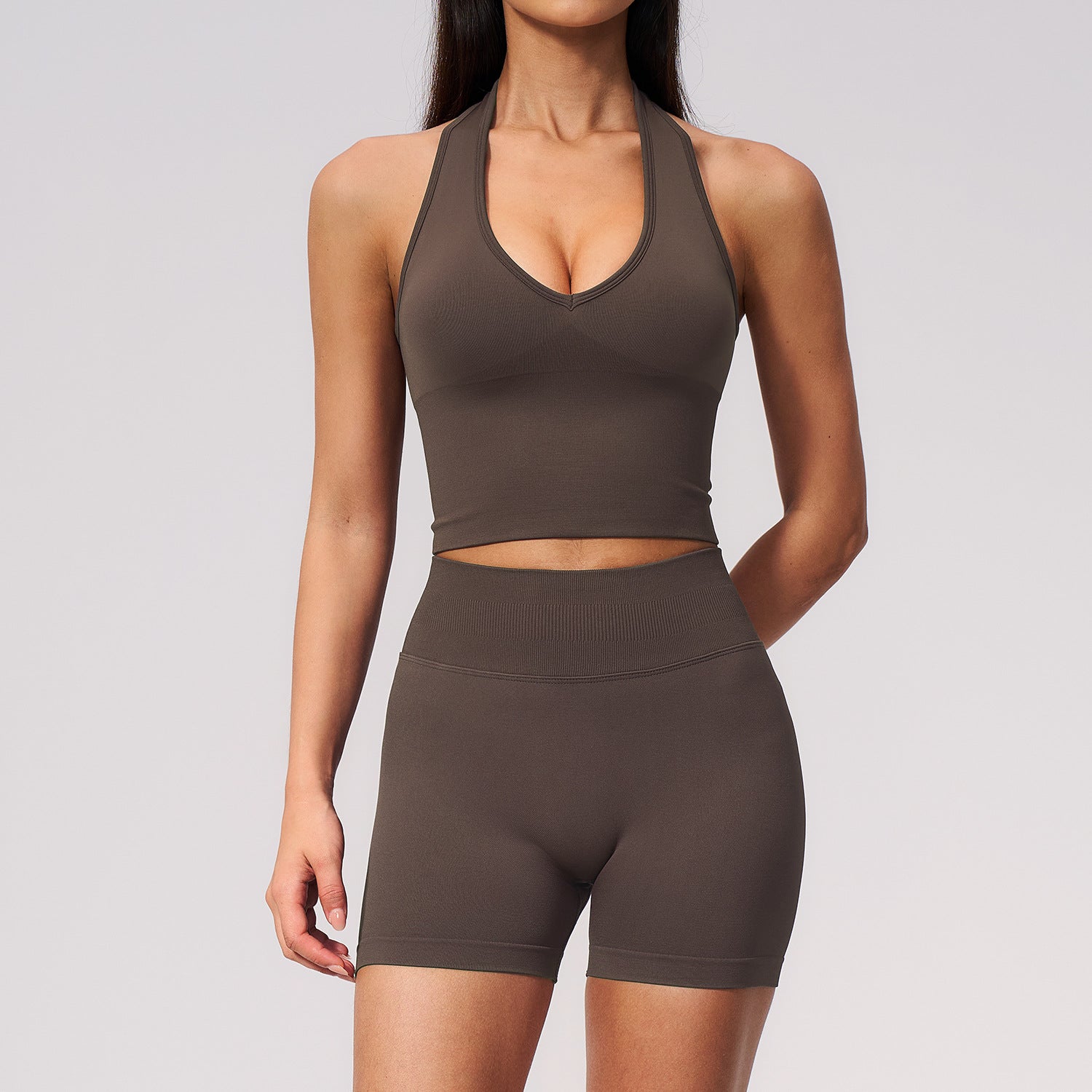 Women's Seamless V-Neck Halter Bras with Shorts Running Fitness Yoga Set