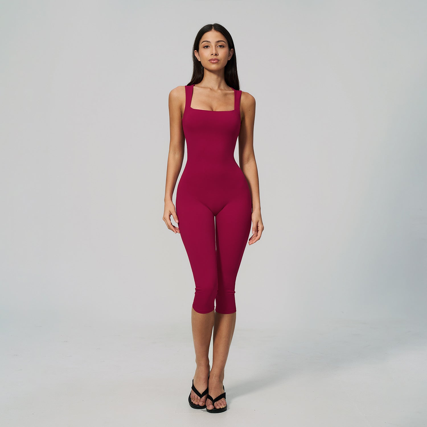 Square-neck form-fitting mid length yoga bodysuit