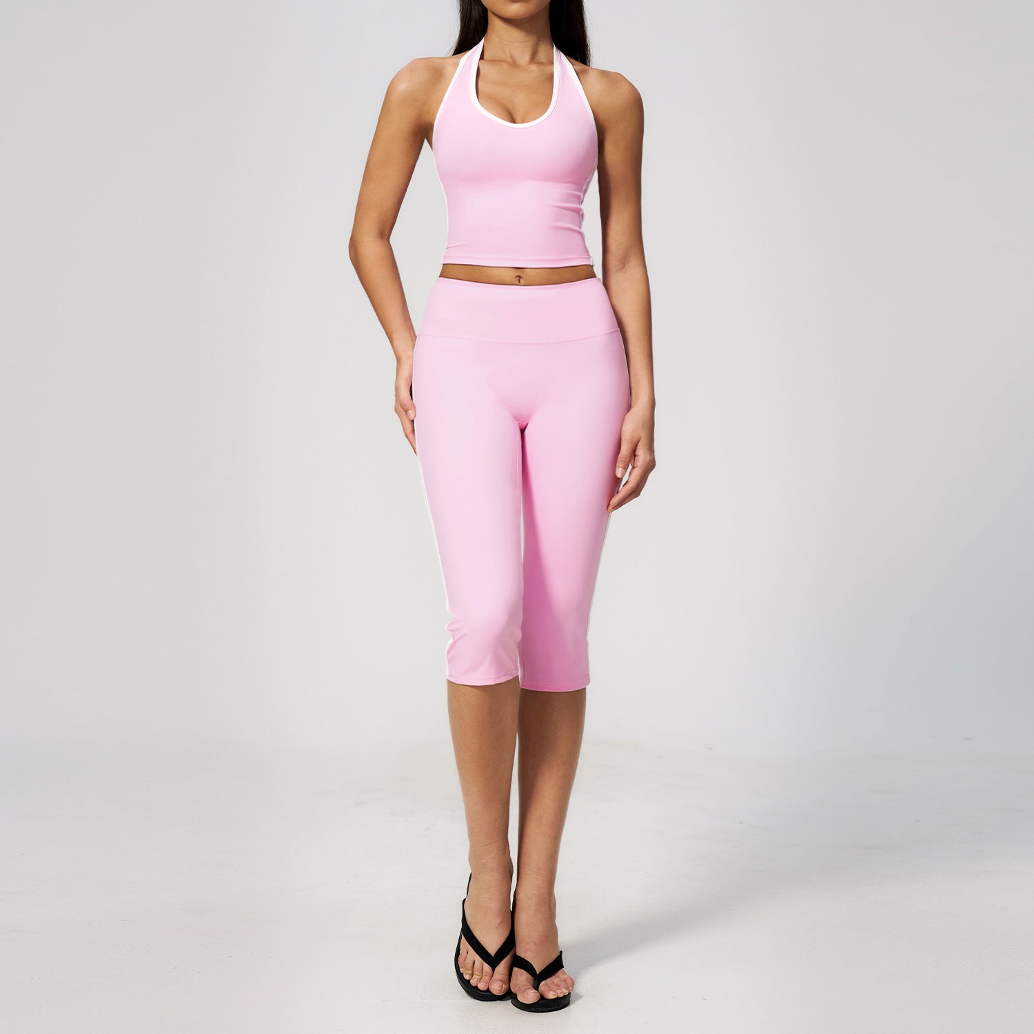 Women's Halter-Neck Open-Back Top with Built-in Pads & Quick-Dry Mid-Length Shorts Set