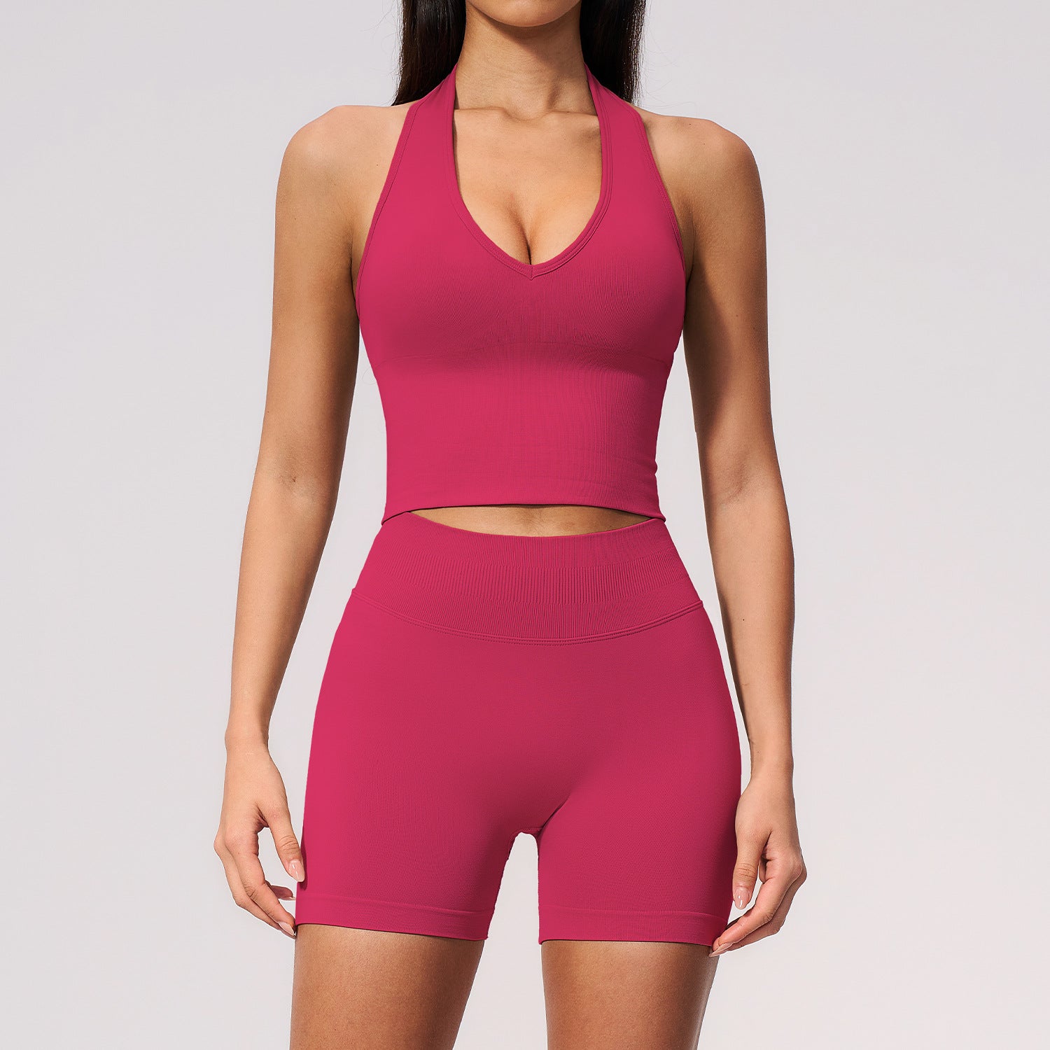 Women's Seamless V-Neck Halter Bras with Shorts Running Fitness Yoga Set