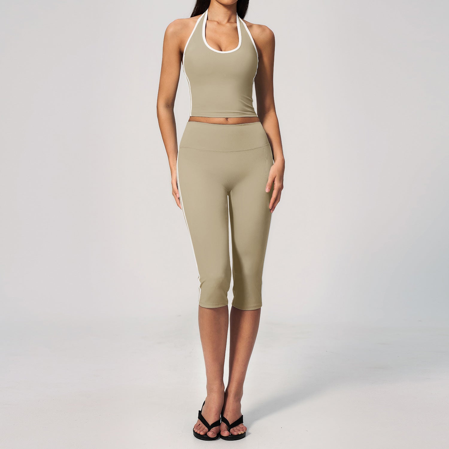 Women's Halter-Neck Open-Back Top with Built-in Pads & Quick-Dry Mid-Length Shorts Set
