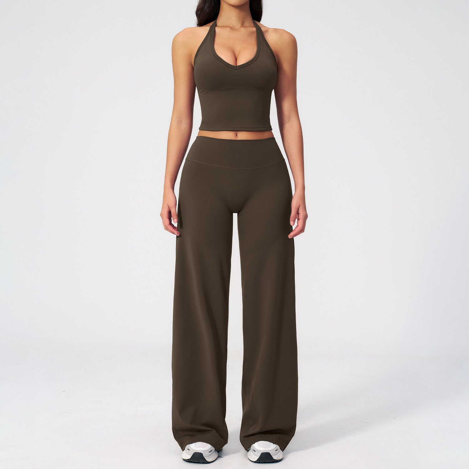 Women'e wholesale Halter-neck open-back workout set with wide-leg straight-cut bottoms