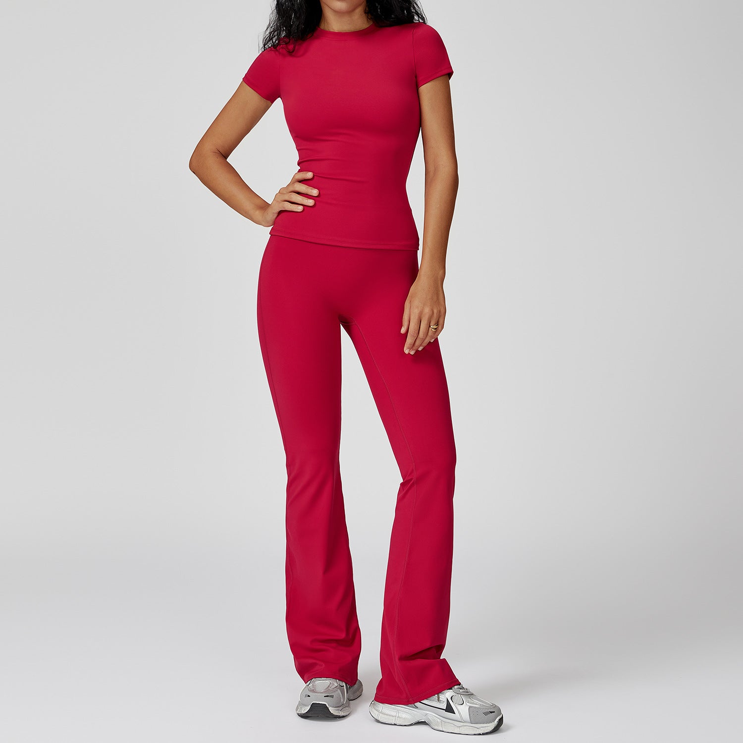 women's wholesale slim yoga fitness short sleeve shirts set