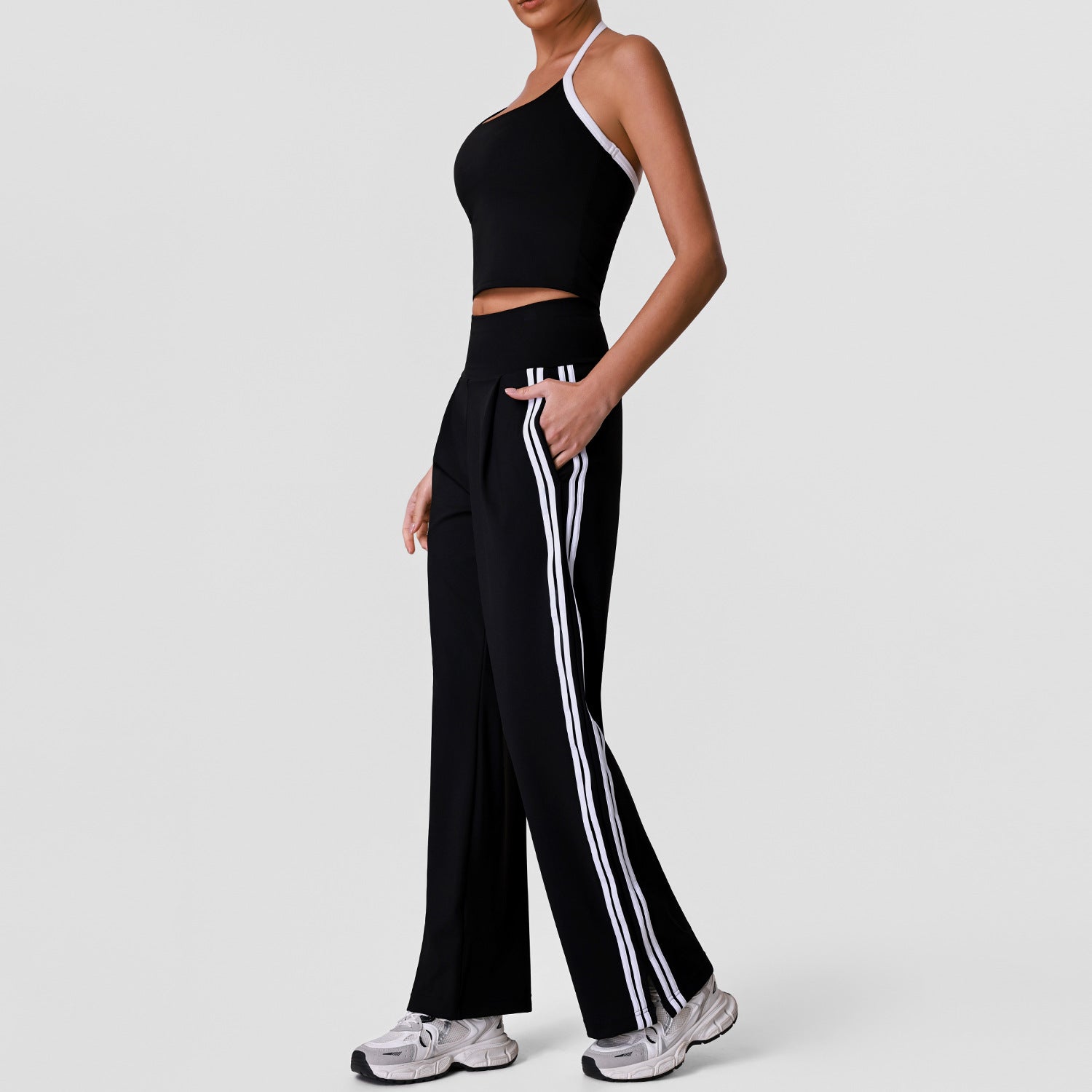 Women's quick-dry halter-neck tank top with stylish casual wide-leg pants set