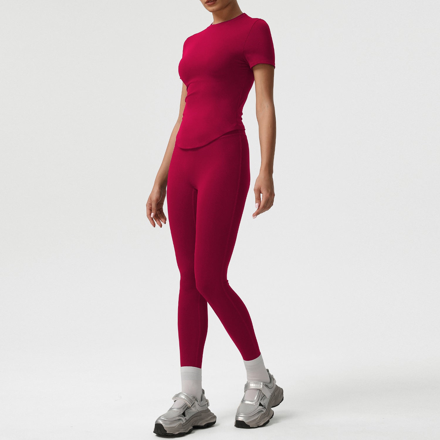 New high-waisted hip-lifting running sports short sleeve shirts set