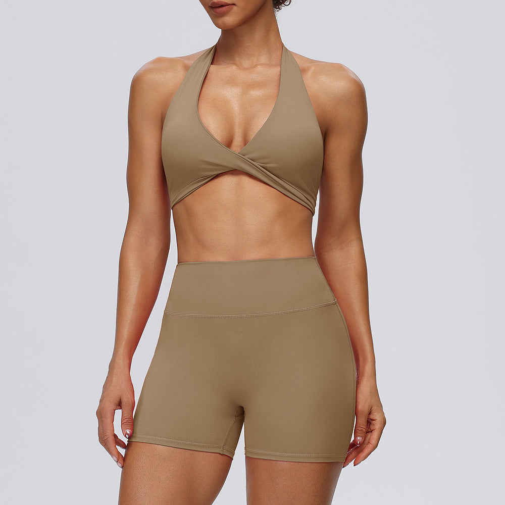 Women's Summer Sexy Halter Sports Bra with Invisible Butt-Lifting Fitness Shorts Set