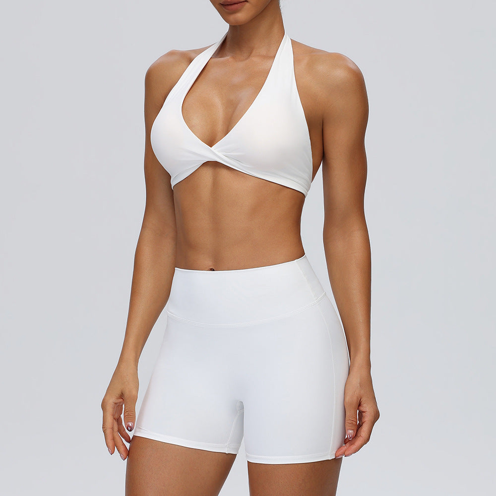 Women's Summer Sexy Halter Sports Bra with Invisible Butt-Lifting Fitness Shorts Set