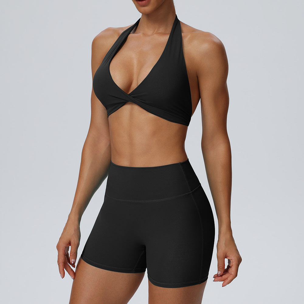 Women's Summer Sexy Halter Sports Bra with Invisible Butt-Lifting Fitness Shorts Set