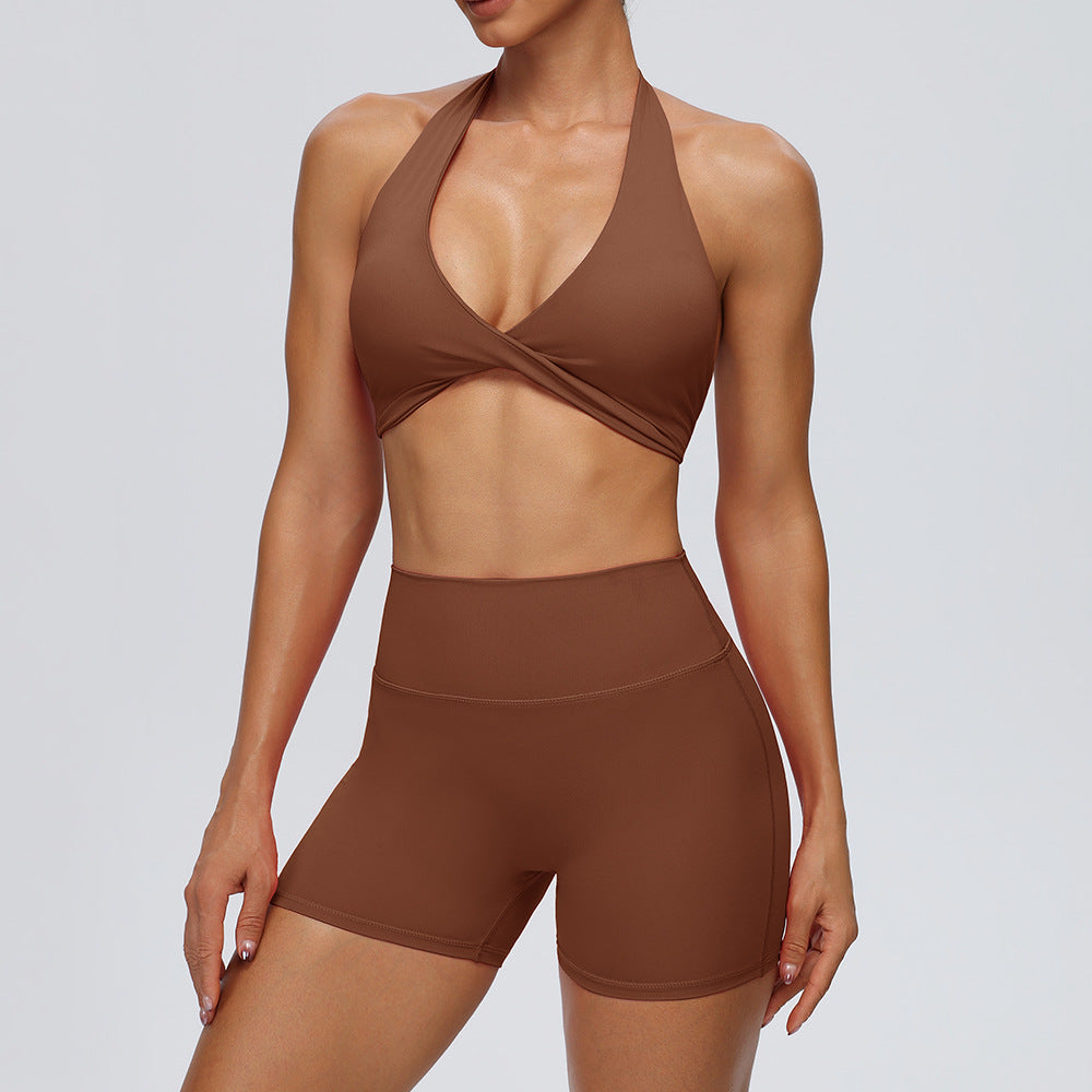 Women's Summer Sexy Halter Sports Bra with Invisible Butt-Lifting Fitness Shorts Set