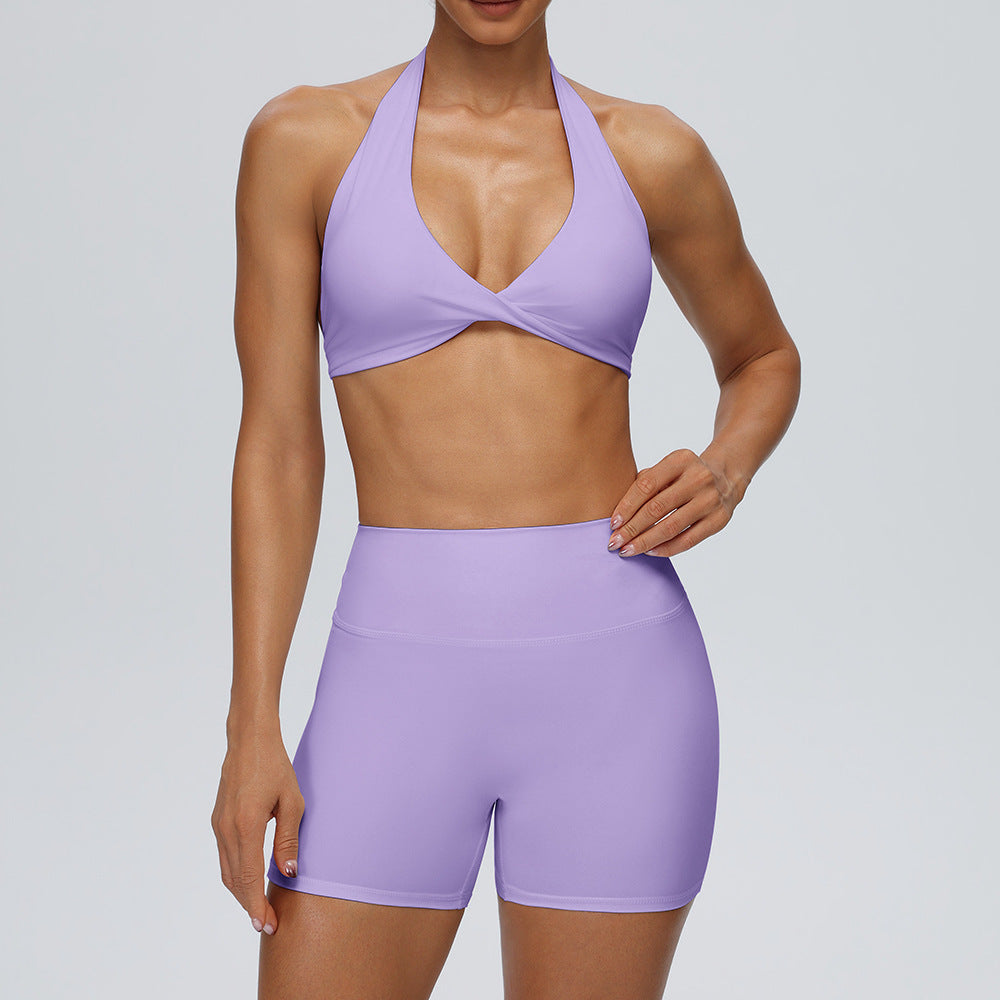 Women's Summer Sexy Halter Sports Bra with Invisible Butt-Lifting Fitness Shorts Set